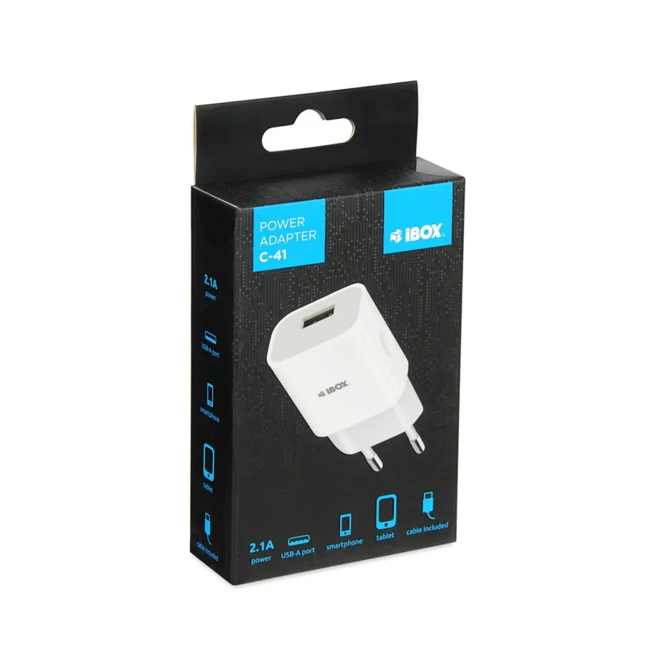 iBOX ILUC41W 2,4A 12W valge USB seinalaadija, 1x USB-A port ja 1 m microUSB-kaabel, universaalne kasutus – 3