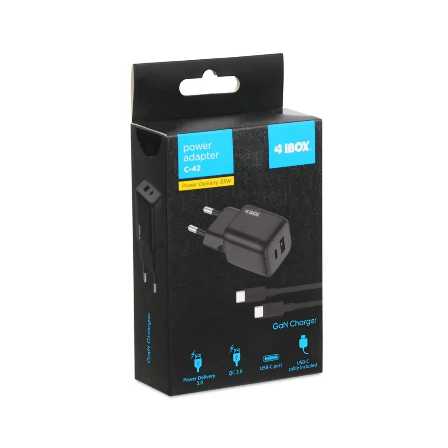 iBOX ILUC42B C-42 must 33W GaN USB-C/USB-A kiire seinalaadija, 3A, ülepinge- ja lühisekaitsega, universaalne, 85x30x30 mm, USB-C kaabliga – 5