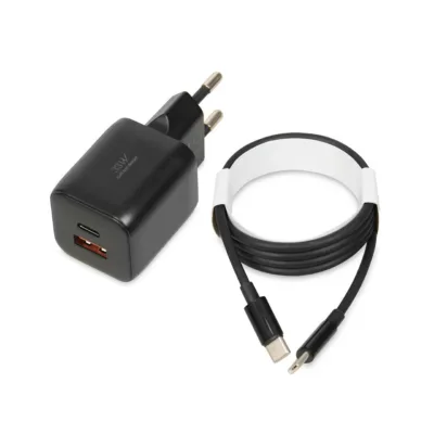 iBOX ILUC42B C-42 must 33W GaN USB-C/USB-A kiire seinalaadija, 3A, ülepinge- ja lühisekaitsega, universaalne, 85x30x30 mm, USB-C kaabliga