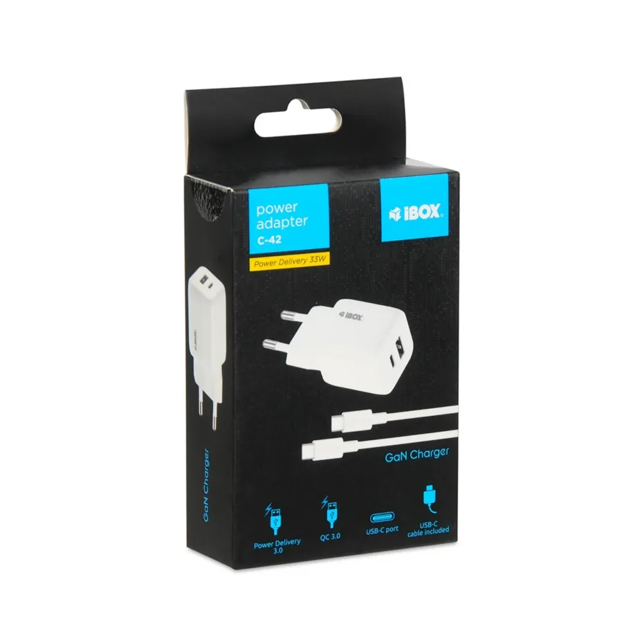 iBOX ILUC42W valge 33W GaN seinalaadija, USB-C ja USB-A, PD 3.0 ja QC 3.0, kaabel komplektis – 5