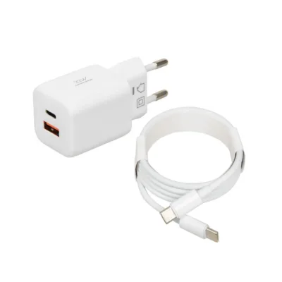 iBOX ILUC42W valge 33W GaN seinalaadija, USB-C ja USB-A, PD 3.0 ja QC 3.0, kaabel komplektis