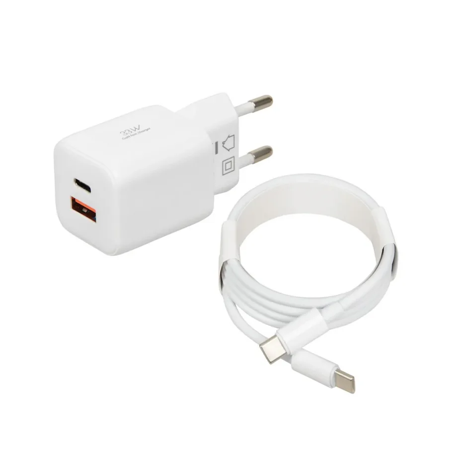 iBOX ILUC42W valge 33W GaN seinalaadija, USB-C ja USB-A, PD 3.0 ja QC 3.0, kaabel komplektis