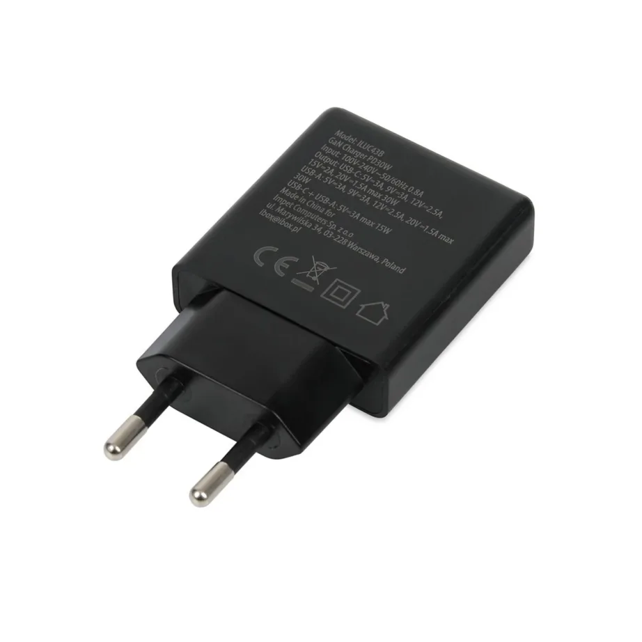 iBOX ILUC43B C-43 Slim 30W GaN USB-C/USB-A must seinalaadija, kiirlaadimise ja universaalse ühilduvusega – 4