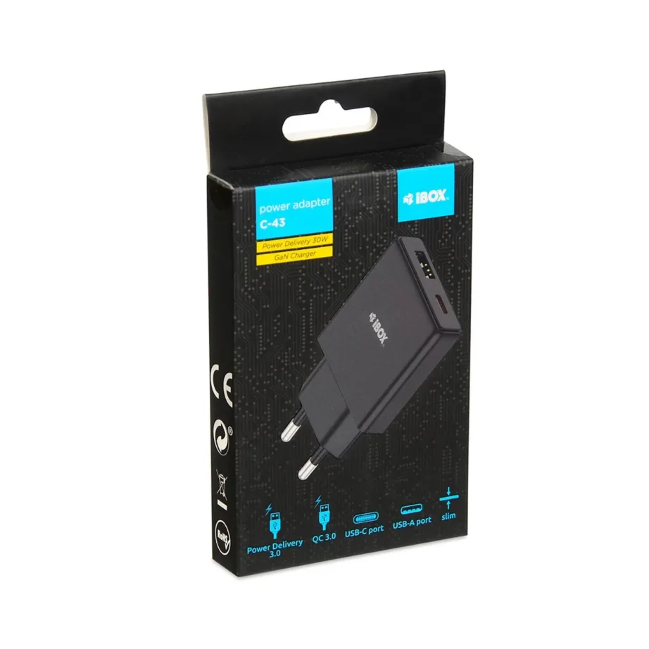 iBOX ILUC43B C-43 Slim 30W GaN USB-C/USB-A must seinalaadija, kiirlaadimise ja universaalse ühilduvusega – 5