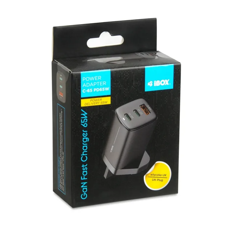 iBOX ILUC65BUK C-65 Black GaN 65W universaalne USB laadija UK pistikuga, 3 pesa, USB-C kaabel kaasas