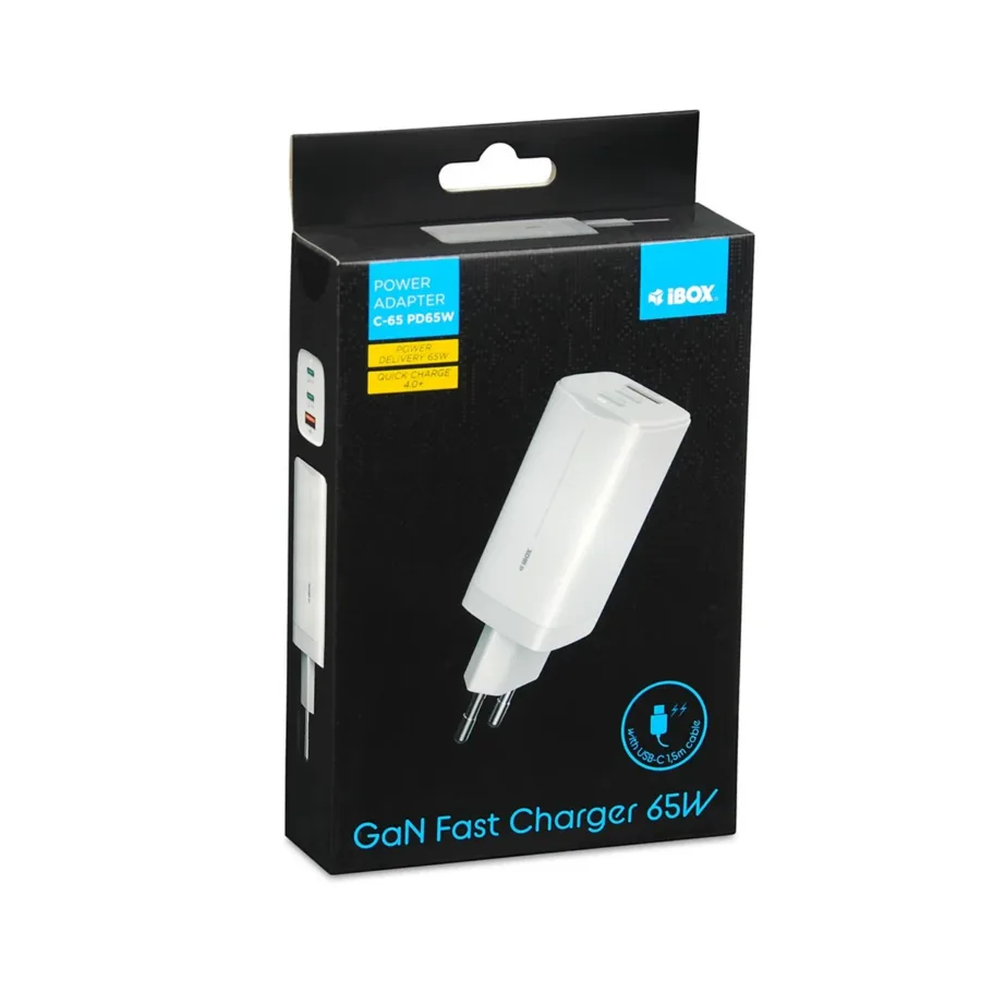iBOX ILUC65W C-65 White 65W GaN valge universaalne USB-C/USB-A 3-pordiga laadija, 1,5 m USB-C kaabel – 7