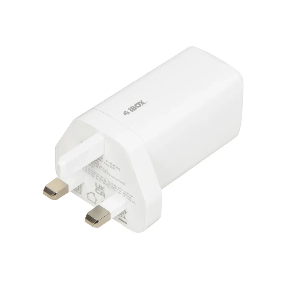 iBOX ILUC65WUK 65W valge GaN universaalne UK pistikuga USB-C/USB-A seinalaadija, 2x USB-C, 1x USB-A, 1,5 m kaabel – 2