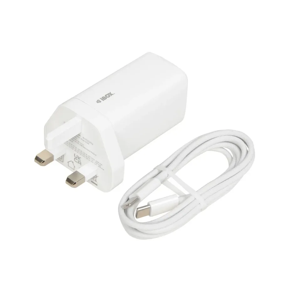 iBOX ILUC65WUK 65W valge GaN universaalne UK pistikuga USB-C/USB-A seinalaadija, 2x USB-C, 1x USB-A, 1,5 m kaabel – 4