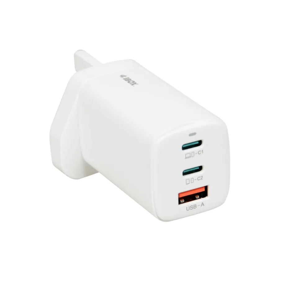 iBOX ILUC65WUK 65W valge GaN universaalne UK pistikuga USB-C/USB-A seinalaadija, 2x USB-C, 1x USB-A, 1,5 m kaabel – 6