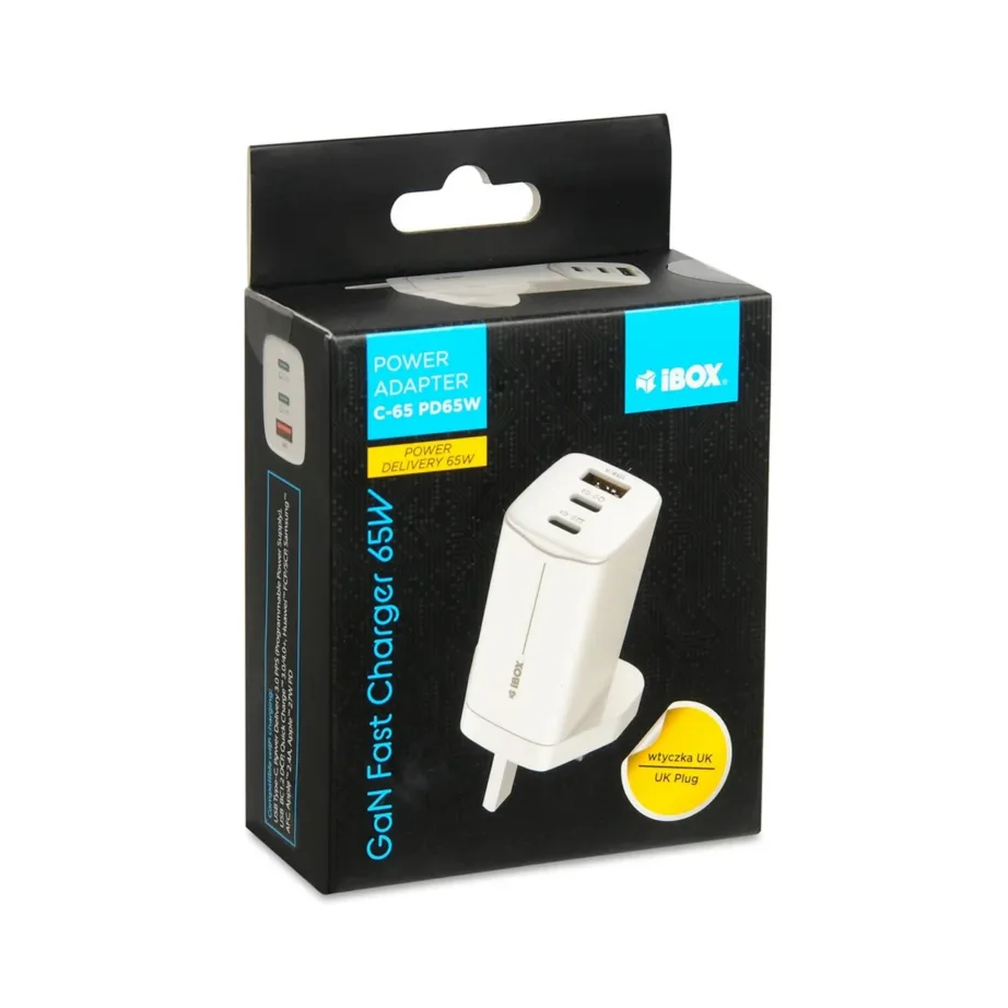 iBOX ILUC65WUK 65W valge GaN universaalne UK pistikuga USB-C/USB-A seinalaadija, 2x USB-C, 1x USB-A, 1,5 m kaabel – 7