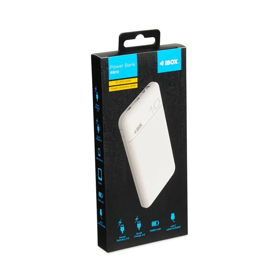 iBOX IPB10 10000 mAh valge Li-Ion kiirlaadimisega akupank USB-C ja USB-A, 20W, 144x74x15 mm – 6