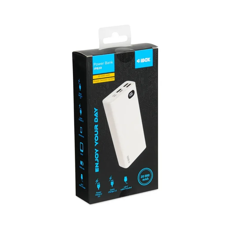 iBOX IPB20 20000 mAh valge kaasaskantav akupank USB-C/USB-A/Micro-USB/Lightning pesadega nutiseadmete laadimiseks