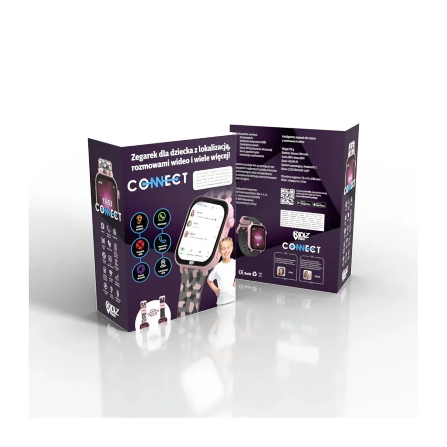 KiDiZ KIDI KW_M_CNCT_N 4G 1,85″ IP67 GPS roosa/must laste nutikell kaameraga Android/iOS-ile – 4