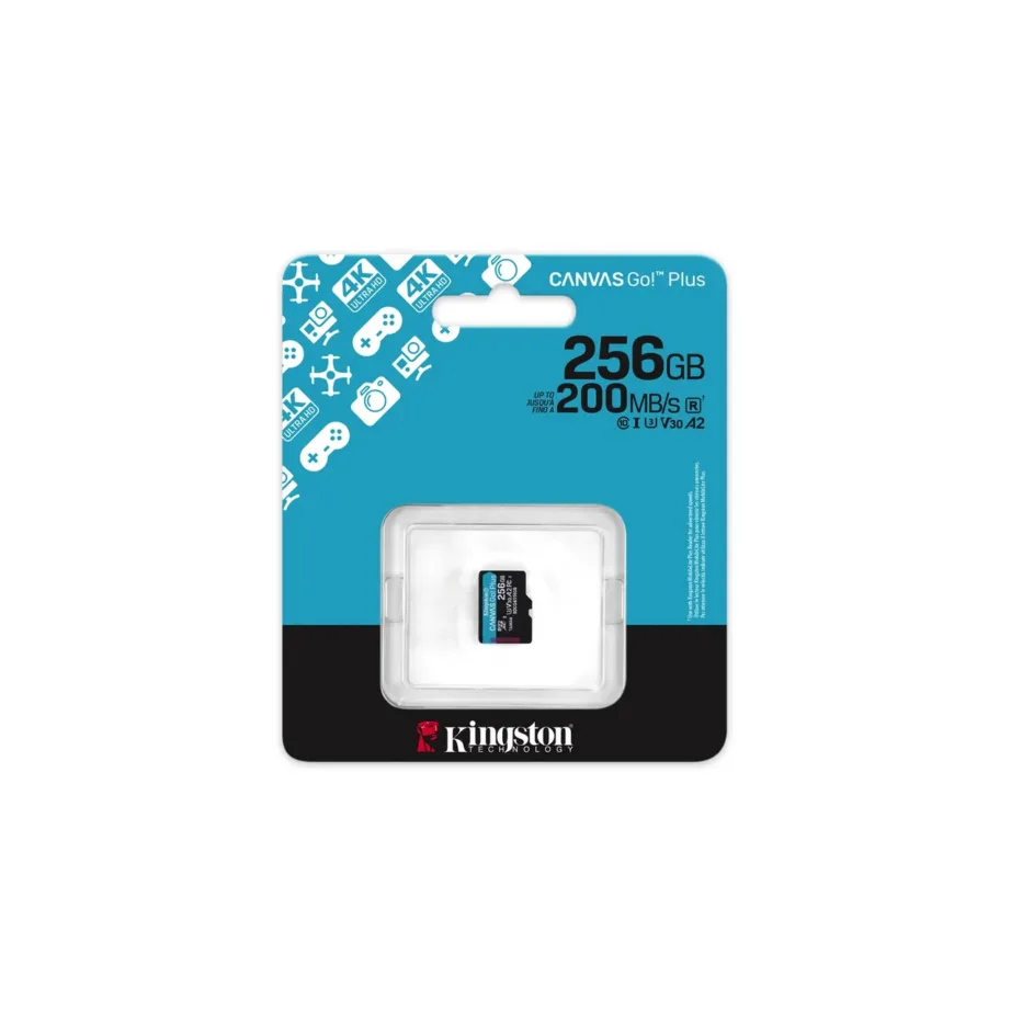 Kingston Canvas Go Plus Gen4 256GB microSDXC UHS-I U3 V30 A2 mälukaart 200MB/s lugemiskiirus, 160MB/s kirjutamiskiirus, ilma adapterita (türkiissinine/must, SDCG4/256GBSP) – 3
