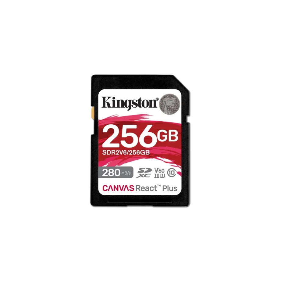 Kingston Canvas React Plus SDR2V6/256GB 256GB UHS-II V60 SDXC mälukaart 280 MB/s lugemis- ja 150 MB/s kirjutamiskiirusega
