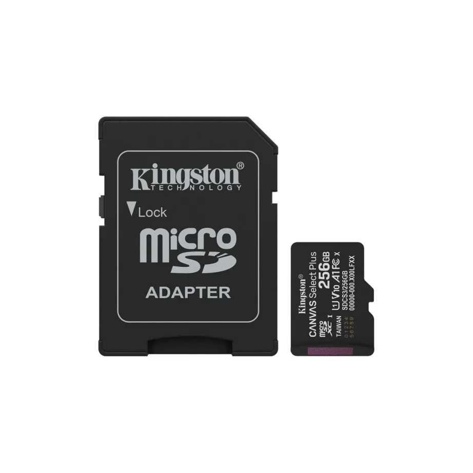 Kingston Canvas Select Plus Gen3 SDCS3/256GB 256GB microSDXC mälukaart, 150MB/s, A1, UHS-I, Class 10, V10, SD-adapteriga, must