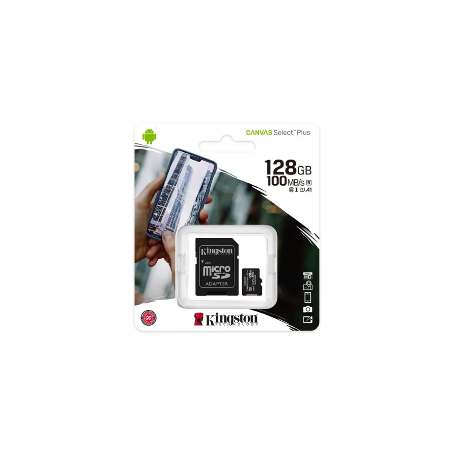 Kingston Canvas Select Plus SDCS2/128GB 128GB microSDXC mälukaart, 100MB/s, Class 10 UHS-I U1 V10, A1, must, SD-adapteriga, Android seadmetele – 5