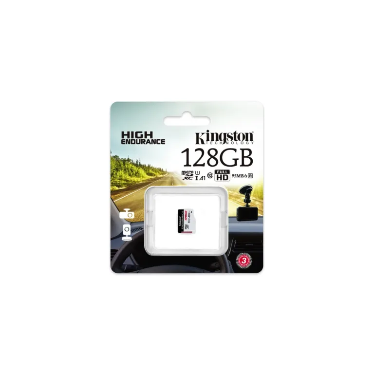Kingston High Endurance SDCE/128GB 128GB microSD Class 10 UHS-I U1 A1 mälukaart, 95 MB/s lugemiskiirus, IPX7 veekindel, valge/must, 1 tk pakendis