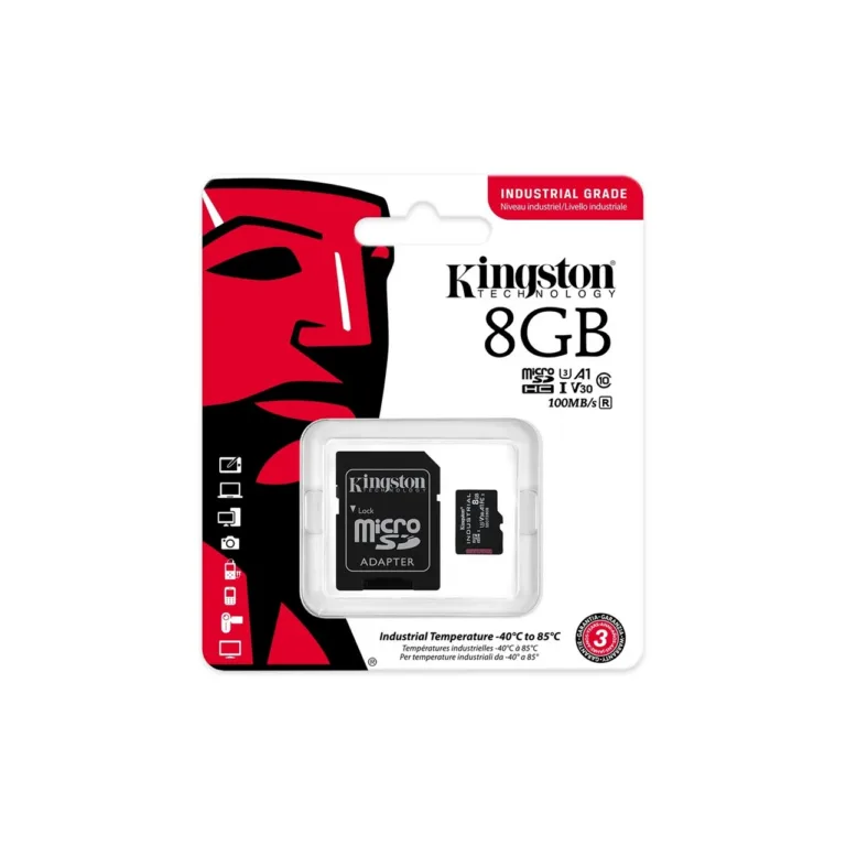 Kingston SDCIT2/8GB 8GB tööstuslik MicroSDHC UHS-I U3 V30 A1 Class 10 mälukaart, töötemperatuur -40–85°C, SD-adapteriga, must