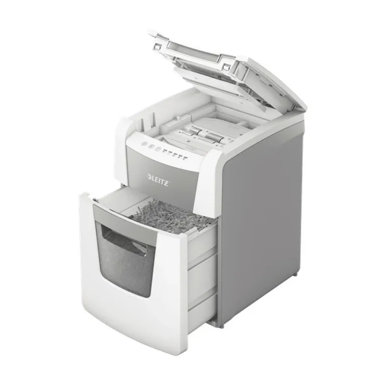 Leitz IQ Autofeed Small Office 100 34L P4 ristlõikega automaatne paberihävitaja, 8 lehte, klambrite ja krediitkaartide hävitus, valge/hall, 365x530x430 mm