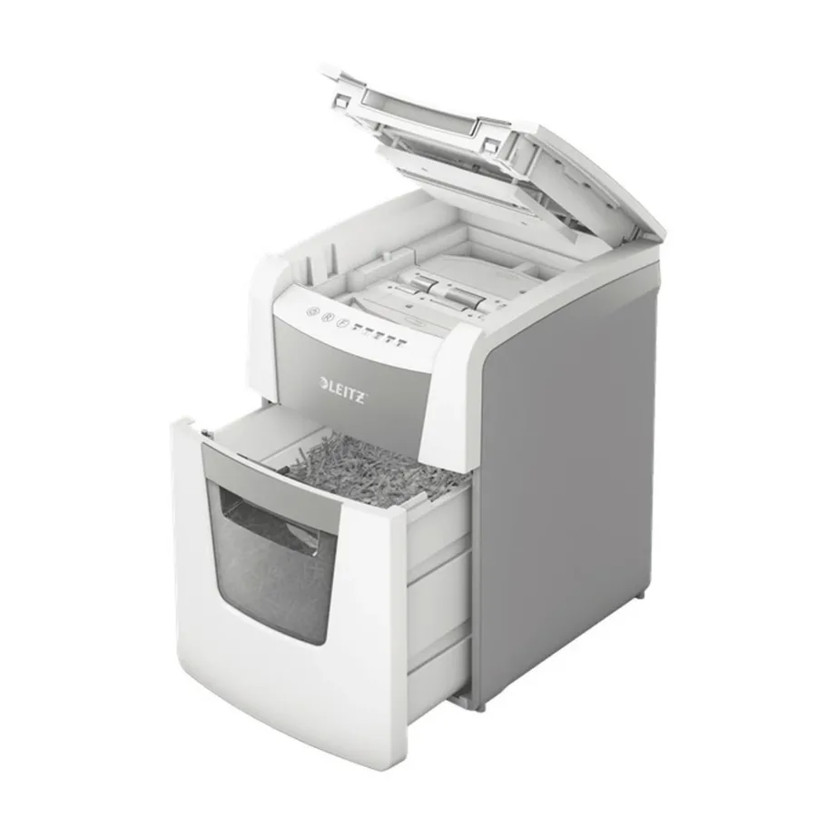 Leitz IQ Autofeed Small Office 100 34L P4 ristlõikega automaatne paberihävitaja, 8 lehte, klambrite ja krediitkaartide hävitus, valge/hall, 365x530x430 mm – 10