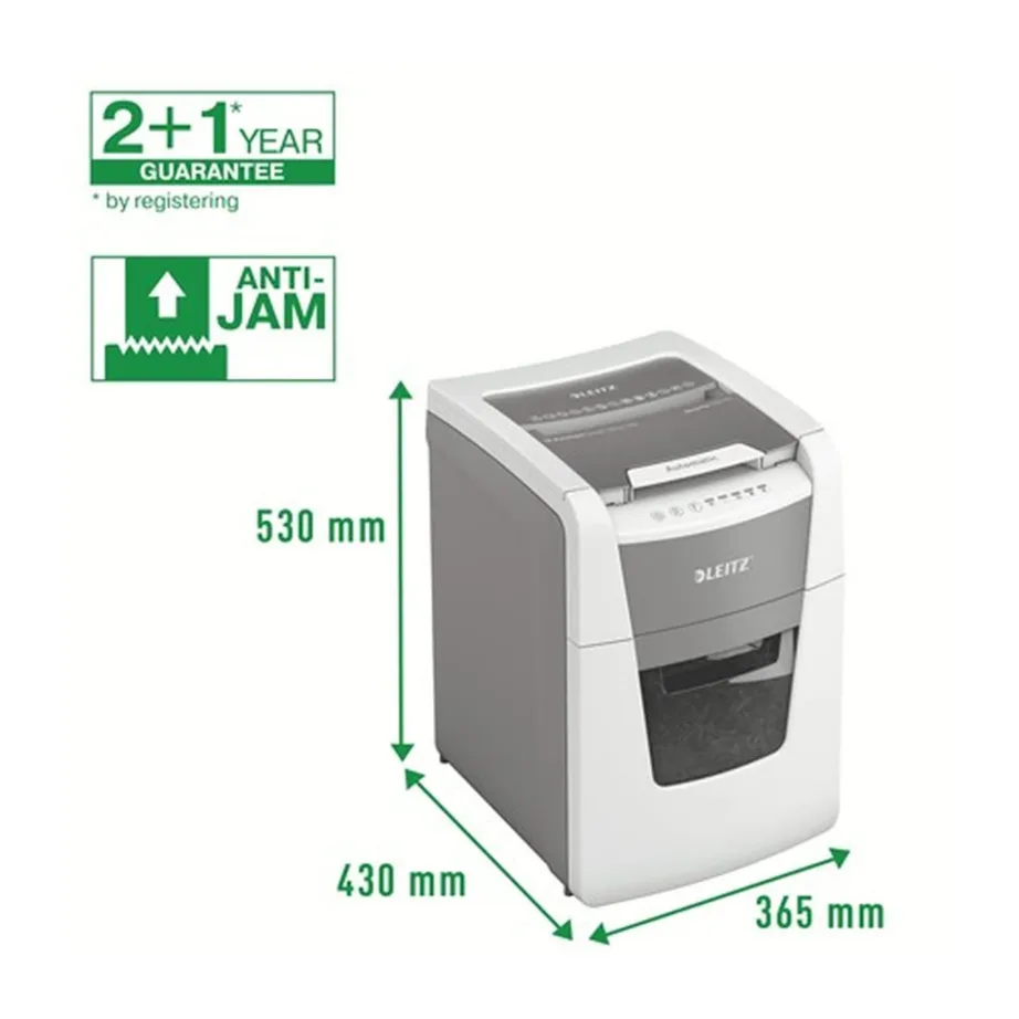 Leitz IQ Autofeed Small Office 100 34L P4 ristlõikega automaatne paberihävitaja, 8 lehte, klambrite ja krediitkaartide hävitus, valge/hall, 365x530x430 mm – 11
