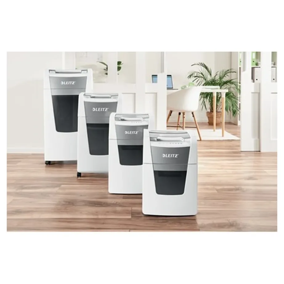 Leitz IQ Autofeed Small Office 100 34L P4 ristlõikega automaatne paberihävitaja, 8 lehte, klambrite ja krediitkaartide hävitus, valge/hall, 365x530x430 mm – 12