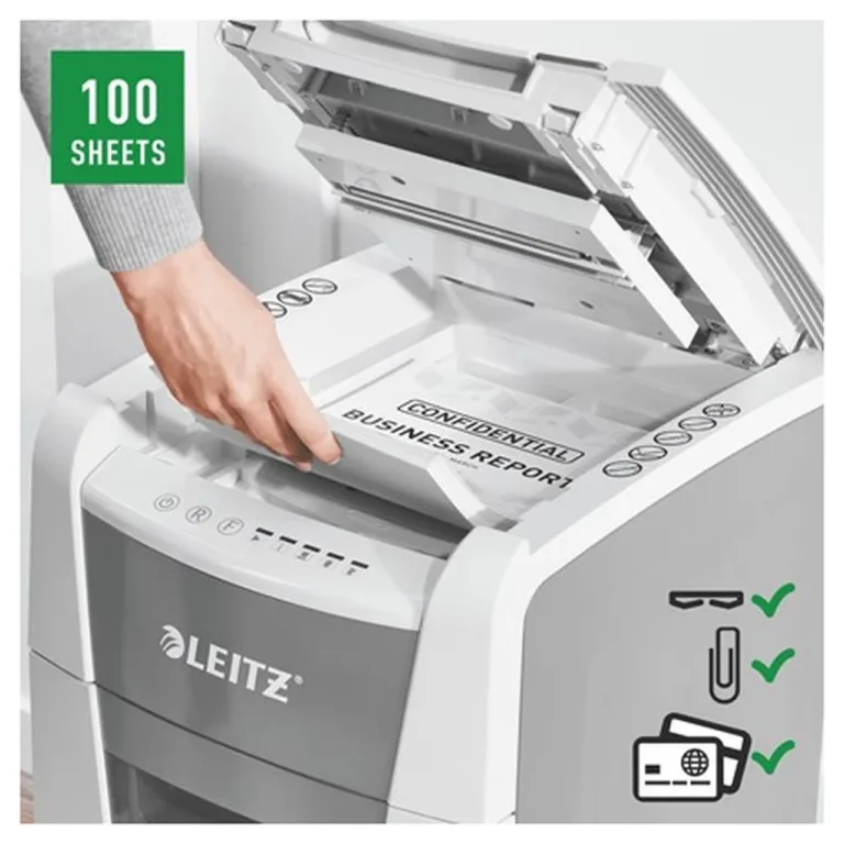 Leitz IQ Autofeed Small Office 100 34L P4 ristlõikega automaatne paberihävitaja, 8 lehte, klambrite ja krediitkaartide hävitus, valge/hall, 365x530x430 mm