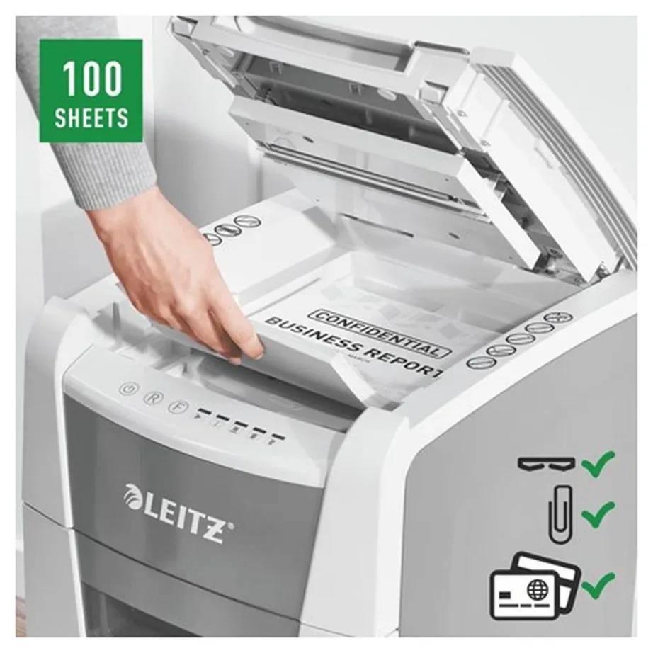 Leitz IQ Autofeed Small Office 100 34L P4 ristlõikega automaatne paberihävitaja, 8 lehte, klambrite ja krediitkaartide hävitus, valge/hall, 365x530x430 mm – 13