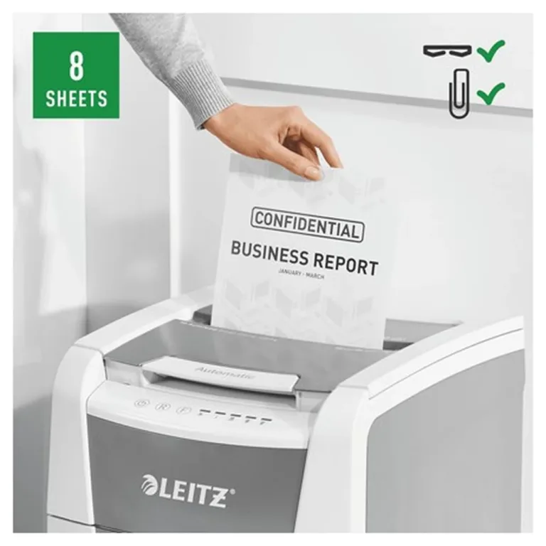 Leitz IQ Autofeed Small Office 100 34L P4 ristlõikega automaatne paberihävitaja, 8 lehte, klambrite ja krediitkaartide hävitus, valge/hall, 365x530x430 mm