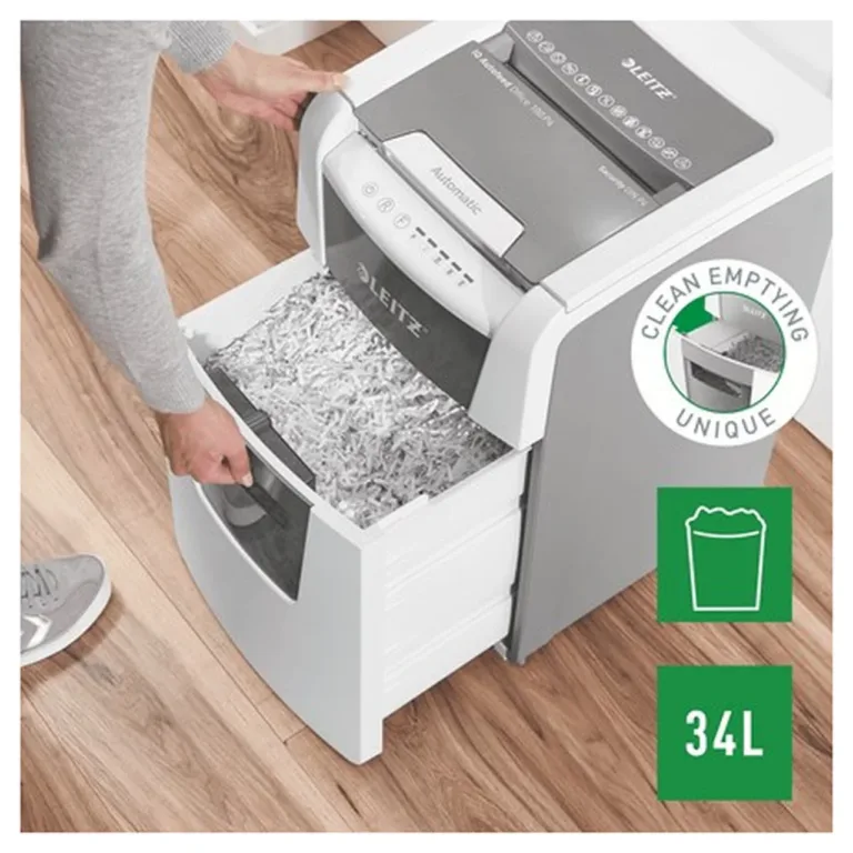 Leitz IQ Autofeed Small Office 100 34L P4 ristlõikega automaatne paberihävitaja, 8 lehte, klambrite ja krediitkaartide hävitus, valge/hall, 365x530x430 mm