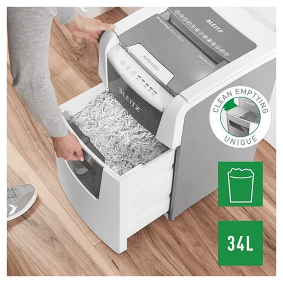 Leitz IQ Autofeed Small Office 100 34L P4 ristlõikega automaatne paberihävitaja, 8 lehte, klambrite ja krediitkaartide hävitus, valge/hall, 365x530x430 mm – 15