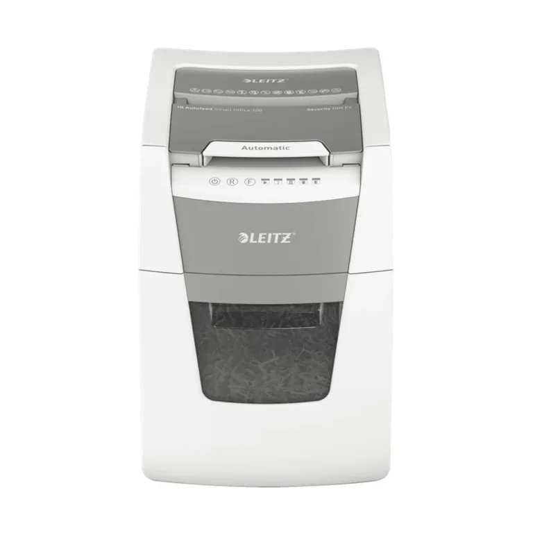 Leitz IQ Autofeed Small Office 100 34L P4 ristlõikega automaatne paberihävitaja, 8 lehte, klambrite ja krediitkaartide hävitus, valge/hall, 365x530x430 mm