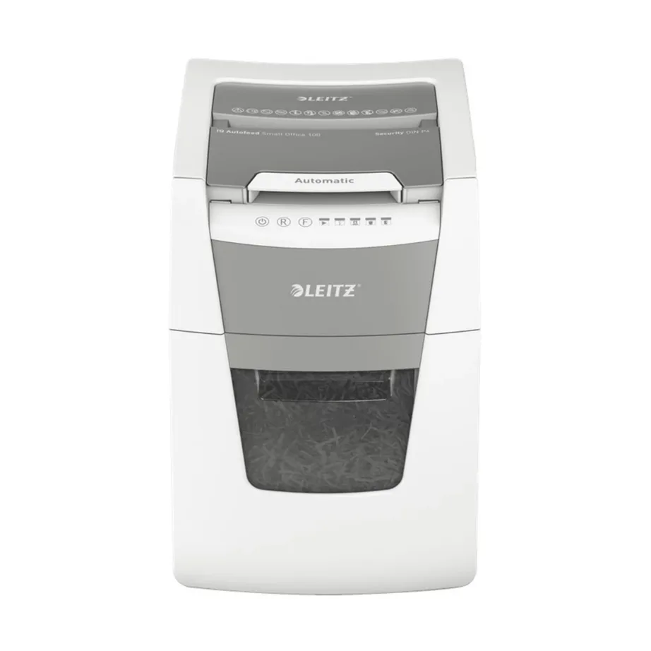 Leitz IQ Autofeed Small Office 100 34L P4 ristlõikega automaatne paberihävitaja, 8 lehte, klambrite ja krediitkaartide hävitus, valge/hall, 365x530x430 mm – 2