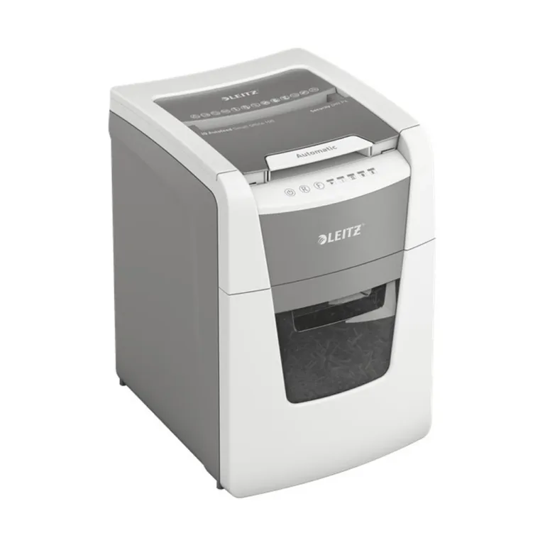 Leitz IQ Autofeed Small Office 100 34L P4 ristlõikega automaatne paberihävitaja, 8 lehte, klambrite ja krediitkaartide hävitus, valge/hall, 365x530x430 mm