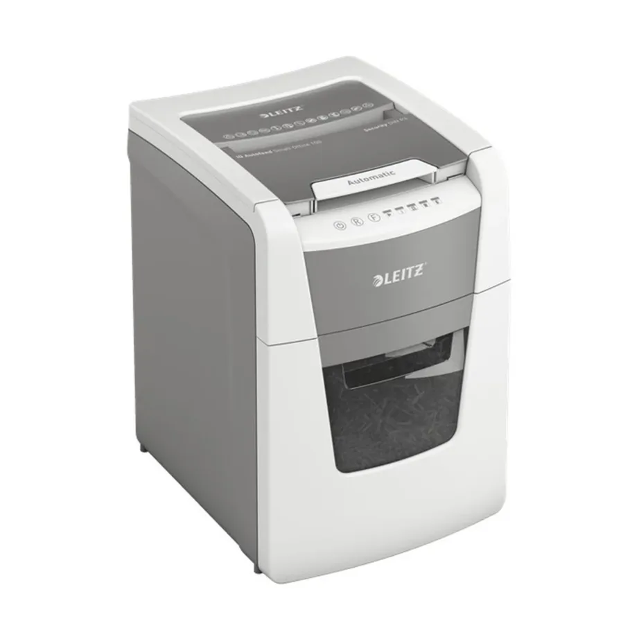 Leitz IQ Autofeed Small Office 100 34L P4 ristlõikega automaatne paberihävitaja, 8 lehte, klambrite ja krediitkaartide hävitus, valge/hall, 365x530x430 mm – 3