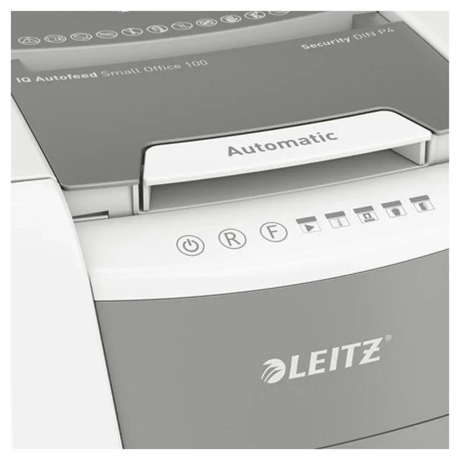 Leitz IQ Autofeed Small Office 100 34L P4 ristlõikega automaatne paberihävitaja, 8 lehte, klambrite ja krediitkaartide hävitus, valge/hall, 365x530x430 mm – 4