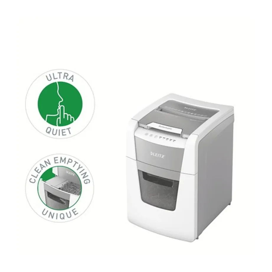 Leitz IQ Autofeed Small Office 100 34L P4 ristlõikega automaatne paberihävitaja, 8 lehte, klambrite ja krediitkaartide hävitus, valge/hall, 365x530x430 mm – 5