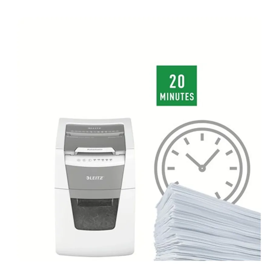 Leitz IQ Autofeed Small Office 100 34L P4 ristlõikega automaatne paberihävitaja, 8 lehte, klambrite ja krediitkaartide hävitus, valge/hall, 365x530x430 mm – 7