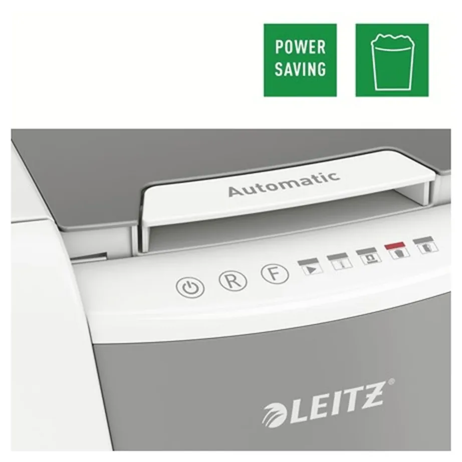 Leitz IQ Autofeed Small Office 100 34L P4 ristlõikega automaatne paberihävitaja, 8 lehte, klambrite ja krediitkaartide hävitus, valge/hall, 365x530x430 mm – 9