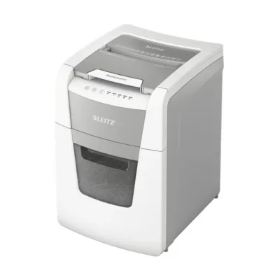 Leitz IQ Autofeed Small Office 100 34L P4 ristlõikega automaatne paberihävitaja, 8 lehte, klambrite ja krediitkaartide hävitus, valge/hall, 365x530x430 mm