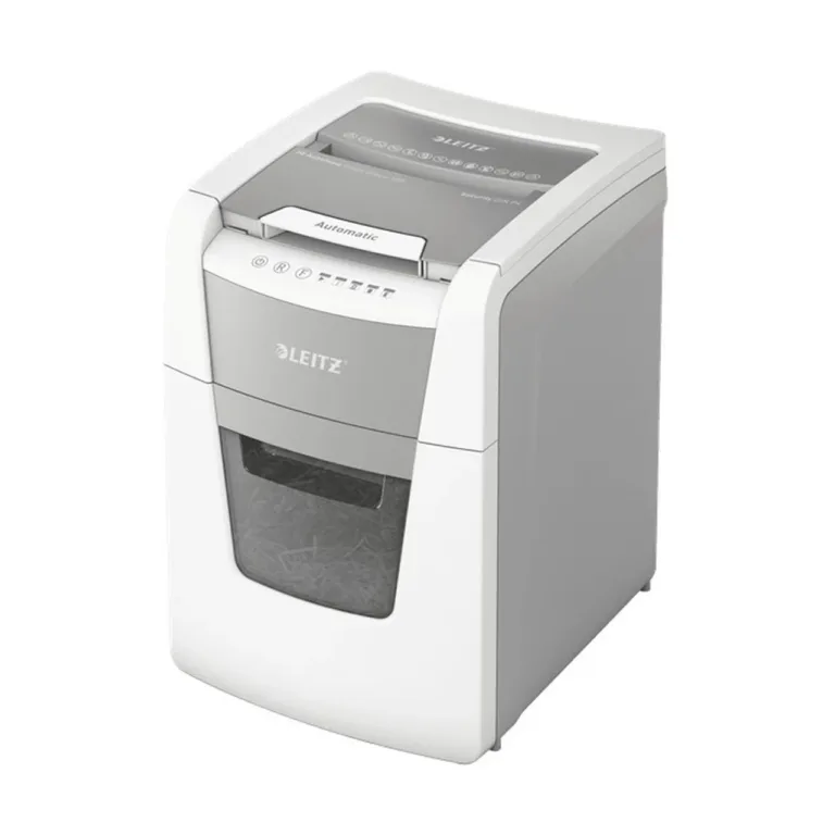 Leitz IQ Autofeed Small Office 100 34L P4 ristlõikega automaatne paberihävitaja, 8 lehte, klambrite ja krediitkaartide hävitus, valge/hall, 365x530x430 mm