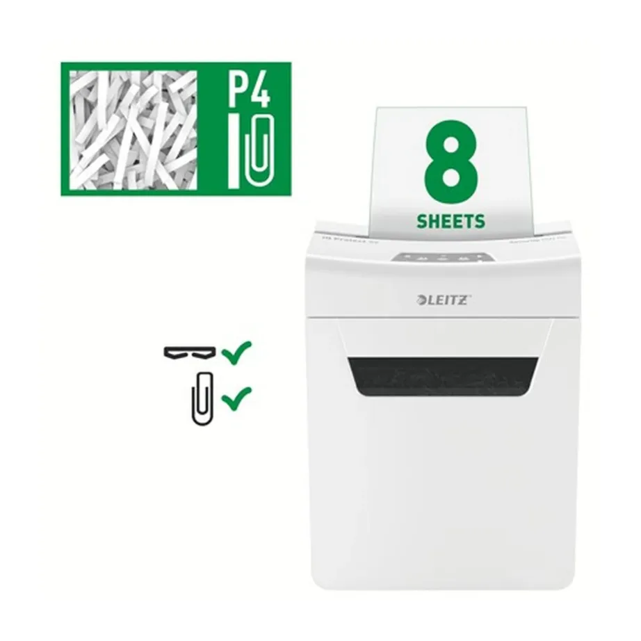 Leitz IQ Protect Premium 8X 8-lehelise P4 ristlõikega paberihunt, 14L mahutiga, hall/valge, mudel 80910000 – 13