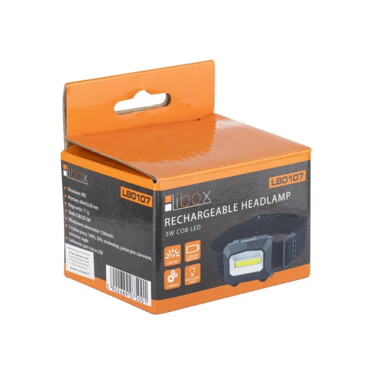 Libox LB0107 3W 1200mAh laetav LED-pealamp must, ABS-korpus, USB-laadimine, valge ja punane valgus, kuni 100 m valgusvihu ulatus