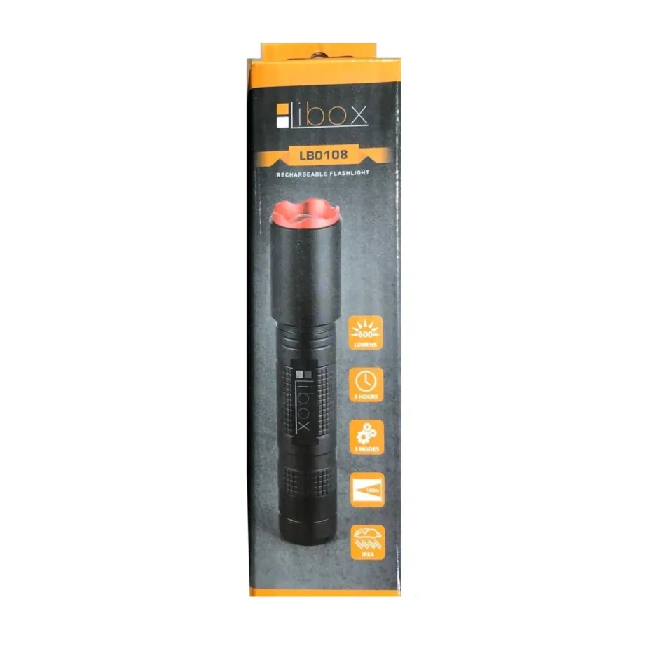 Libox LB0108 600 lm laetav LED-taskulamp, 137 mm, alumiinium, IPX4, 2200 mAh aku, USB-laadimine, must – 8
