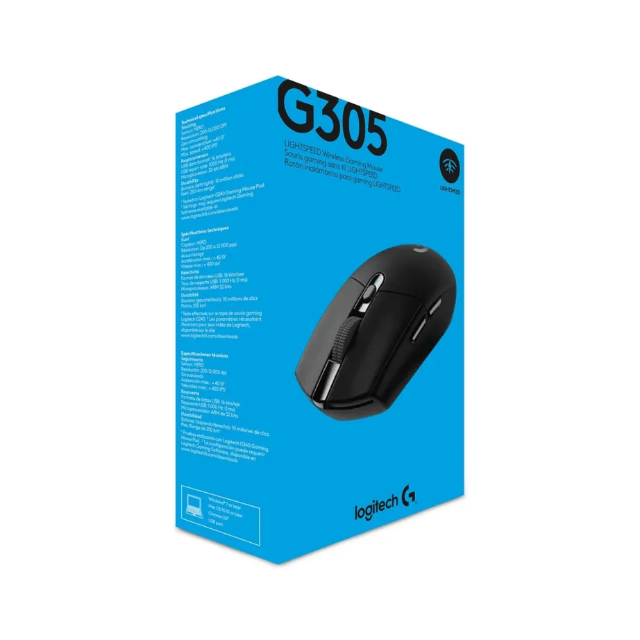 Logitech G305 LIGHTSPEED 12000 DPI must paremakäeline juhtmevaba mängurihiir, 6 programmeeritavat nuppu, RGB valgustus, 99 g, 250 h aku tööaeg, USB vastuvõtja – 8
