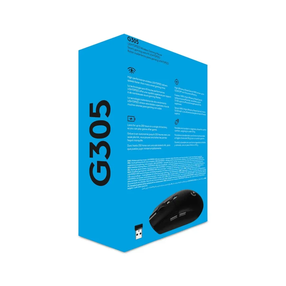 Logitech G305 LIGHTSPEED 12000 DPI must paremakäeline juhtmevaba mängurihiir, 6 programmeeritavat nuppu, RGB valgustus, 99 g, 250 h aku tööaeg, USB vastuvõtja – 10