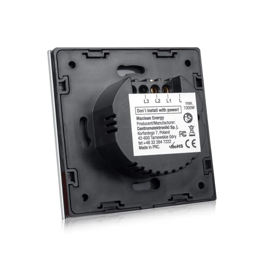 Maclean Energy MCE701W 86×86×3,2 cm valge klaasist ühepuuteline seinakontakt, 1000 W, veekindel – 3