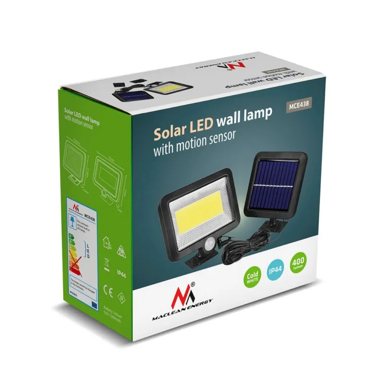 Maclean MCE438 5W 400 lm 160x150x80 mm must päikeseenergial töötav LED välisseinalamp liikumisanduriga, IP44, valge valgus