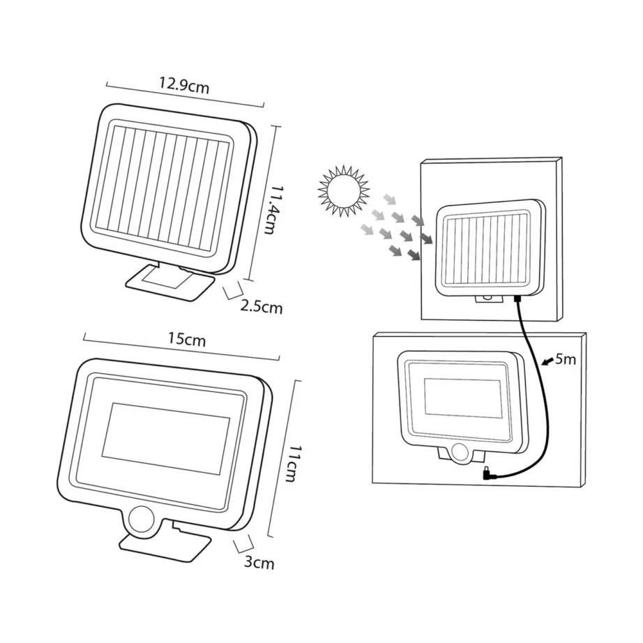 Maclean MCE438 5W 400 lm 160x150x80 mm must päikeseenergial töötav LED välisseinalamp liikumisanduriga, IP44, valge valgus – 9